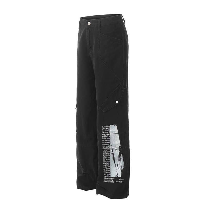 Men's Multi-pocket Letter Printed Straight Jeans Loose Casual Trousers